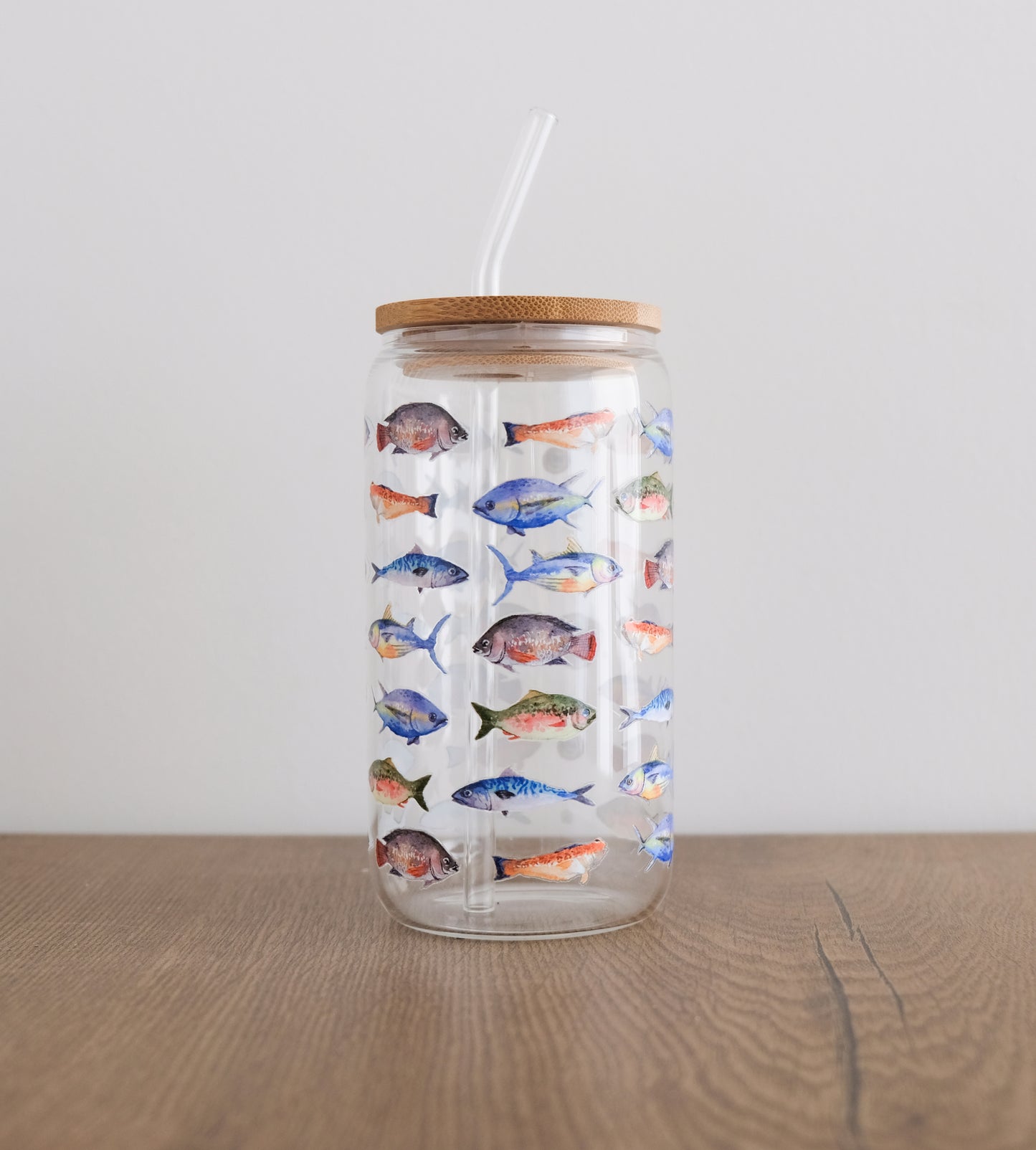 Fish Jar tumbler with bamboo lid and glass straw